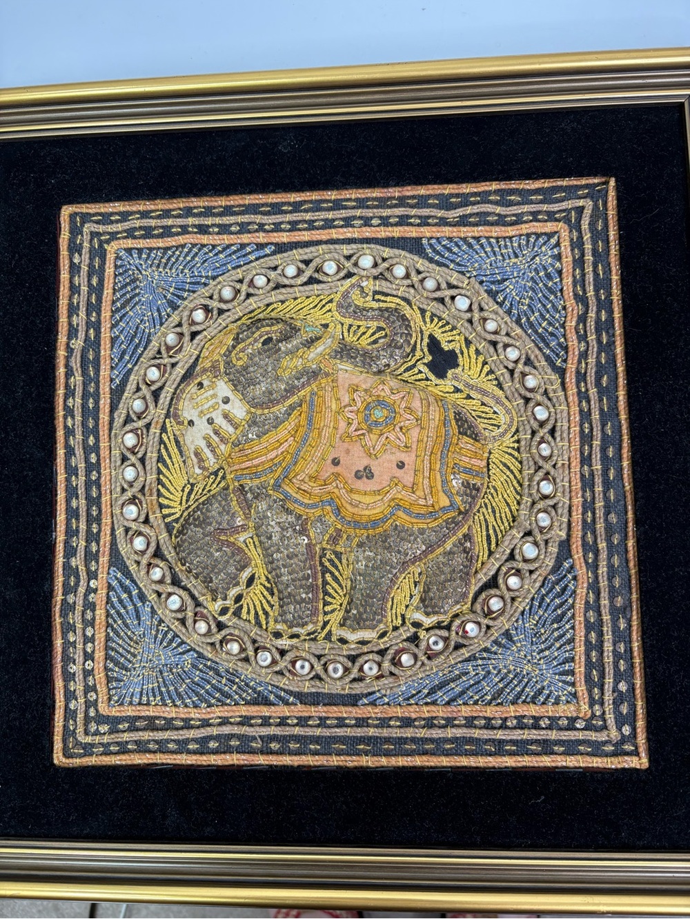 Vintage Burmese Kalaga Embroidered Handmade Embellished Elephant Wall Art